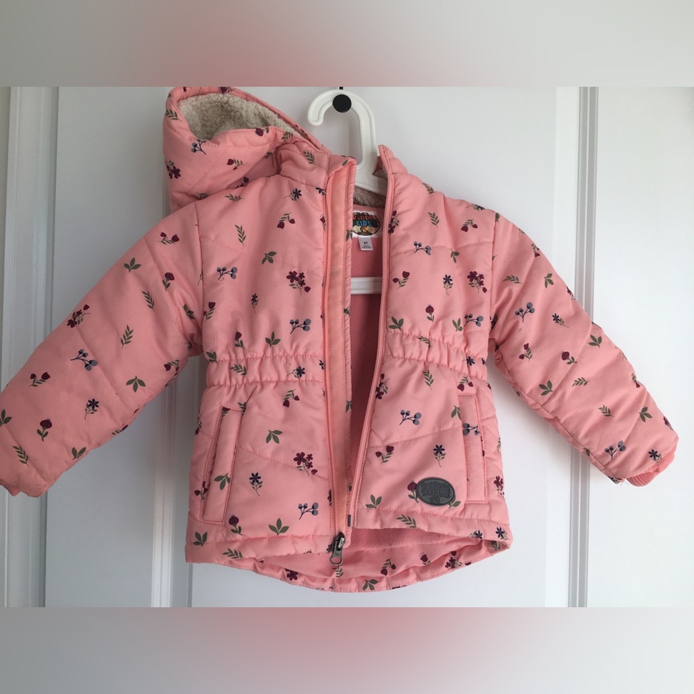 Pink Floral Puffer Jacket with Hood. Fleece lined.